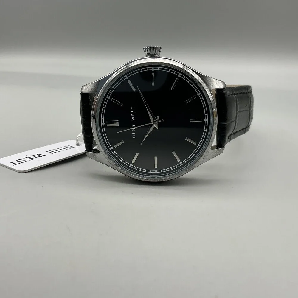 Nine West Womens Watch 42mm Silver Tone Black Dial Black Leather NWW2201W